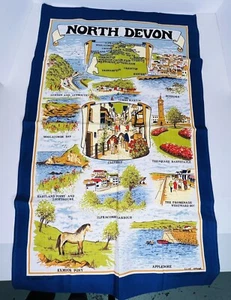 Vintage North Devon Tea Towel Approx 1980's Retro All Cotton Linen Blue-Border - Picture 1 of 5