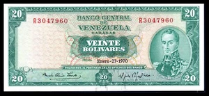 Venezuela UNC Note 20 Bolívares B enero 1970 P-46d Prefijo R - Imagen 1 de 2