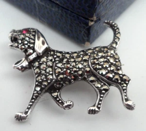 VINTAGE STERLING SILVER MARCASITE DOG BROOCH PIN - Picture 1 of 12