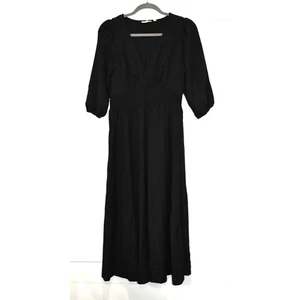 FAT FACE Maxi Dress Size 4 Black Cottagecore Ruching Linen Pullover Flow Peasant - Foto 1 di 11