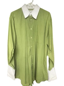 Vtg 70s Wide Collar French Cuffs Celery Green Men Shirt 16.5 Glam Rock Retro - Picture 1 of 7