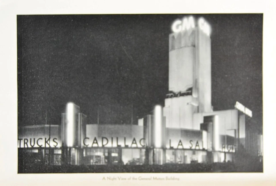 Impresión artística antigua Feria Mundial de Chicago vista nocturna General Motors 1933 historia Foto 1 de 4