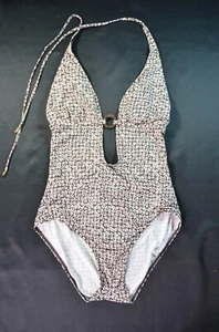 Y2K Michael Kors Women's One-piece Swimsuit Brown Beige Size 12 Plunge Sexy - Picture 1 of 12