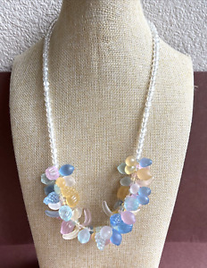 Vintage Clear Bead Necklace With Pastel Lucite Fruit Salad Bib 24"