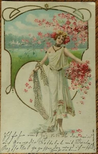 1903 Art Nouveau Bohemian Fantasy Woman w Flowers, Gold Accents, Freya 1660 - Picture 1 of 2