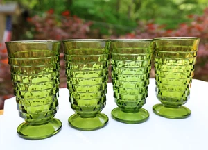 ~Set of 4 Cooler Glasses 14 oz ~ Vintage Indiana Glass Olive Green Whitehall - Picture 1 of 7