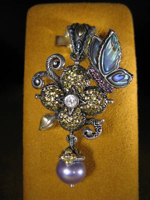 BARBARA BIXBY FLOWER BUTTERFLY SAPPHIRE PEARL ABALONE GEMSTONE ENHANCER Pendant - Image 1 of 3