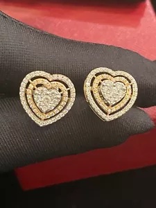 Pave 1.38 Cts Round Brilliant Cut Natural Diamonds Heart Stud Earrings 14K Gold - Picture 1 of 12