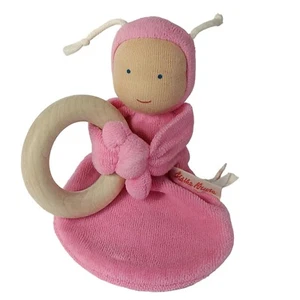 Kathe Kruse Rainbow Baby Teether Doll Wood Ring Velour Waldorf Pink Germany 6" - Picture 1 of 6