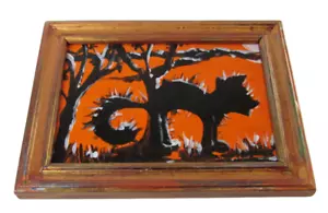 Halloween Kunst Gemälde gruselige schwarze Katze Acryl gerahmt signiert Mary Ulrich 8,5x6" - Bild 1 von 4