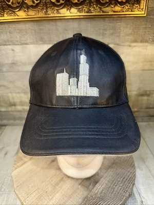 Faux Leather Baseball Cap Emboidered Chicago Skyline 6 Panel Hat Black Fitted L - Image 1 of 4