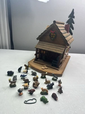 Rustic Wood Log Cabin Advent Calendar on Turntable 24 Doors 23 Figures Christmas - Image 1 of 4