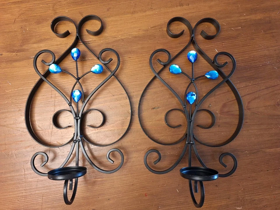 PAR de apliques de velas de hierro forjado con acento de estrás de lágrima azul 14" Foto 1 de 4