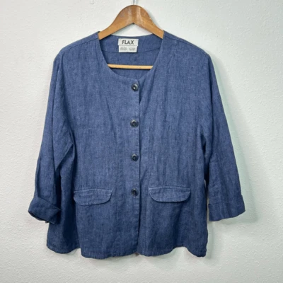 Flax Button Up Shirt Jacket Pockets Dark Blue Medium 100% Linen Lagenlook - Image 1 of 4