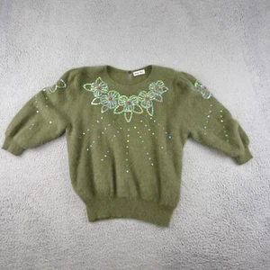 MOK HWA Angora Wool Sweater Women M/L? Green Floral Embroidered Sequin Pullover - Picture 1 of 13