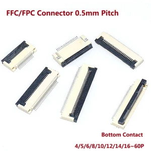 FFC/FPC Connector 0.5mm Pitch Bottom Contact 4/5/6/8/10/12/14/16~60P Flat Cable - Picture 1 of 3