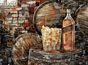 Art Collage Poster Whiskey Johnnie Walker Black Print Made Out Of Whiskey Labels - Foto 1 di 10