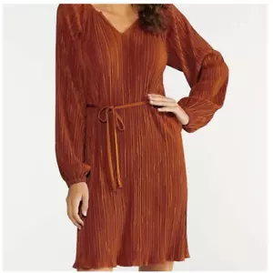 Cato Womans Sz 26/28W Plus Pleated Shift Dress Dress Long Sleeve V Neck Brown - Picture 1 of 10
