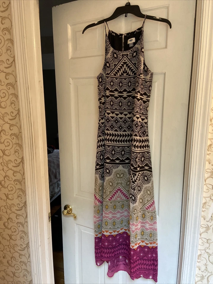 VESTIDO MAXI MUJER VIEJO AZUL MARINO NEGRO ROSA FIT & ACAMPANADO - TALLA PEQUEÑA Foto 1 de 4