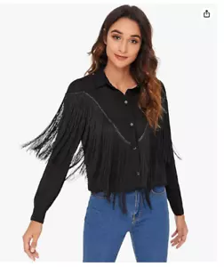 Verdusa Womens XL Black Fringe Trim Long Sleeve Button Up Blouse Shirt Top - Picture 1 of 6