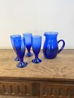 Blue Glass Pitcher Jug And 4 Glasses Wine/ Juice  Retro / Vintage Set
