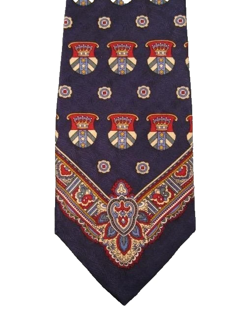 Gravata azul escura com coroas e estrelas John Blair vermelho verde champanhe ouro (O) - Imagem 1 de 4