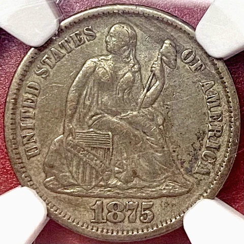 NGC AU-53! 1875-CC SEATED LIBERTY DIME CC ABOVE BOW Cover