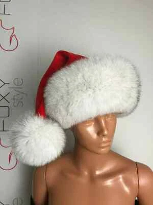 Santa Hat Blue fox fur red velvet top with pompom REAL FUR (Saga Furs) (Unisex) - Image 1 of 3