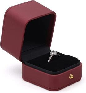 Engagement Ring Box Wine Red, Square Leather Velvet Ring Bearer Box, Premium Gor - Picture 1 of 12
