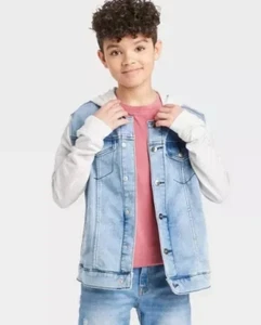 Cat & Jack Boys' M 8 Light Blue Long Sleeve Denim Hooded Jacket Snap Front - Picture 1 of 12