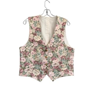 Vintage 90s Handmade Medium Floral Vest Cotton Ivory Flowers - Picture 1 of 5