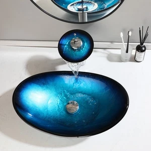 Fregaderos de vaso de vidrio azul ovalados artísticos cuencos de lavabo negros combo drenaje de grifo - Imagen 1 de 10