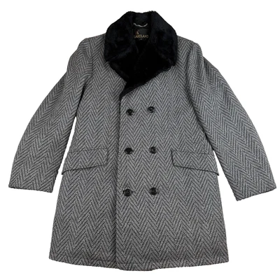 Vintage Lakeland Coat Mens 38 Gray Herringbone Double Breasted Faux Fur Lined - Image 1 of 4