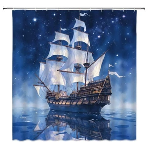 Piratenschiff Duschvorhang Maritim Fantasy Ozean Segelboot Sternennacht Adven... - Bild 1 von 4