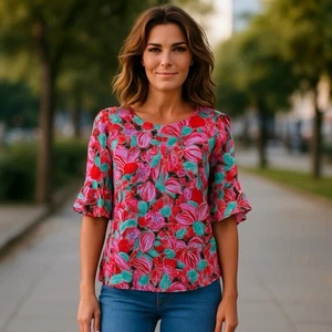 Talbots Womens 1X Petite Boho Blouse 3/4 Belle Sleeves Vivid Floral Print - Picture 1 of 9