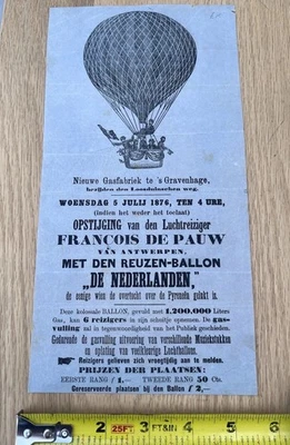 1876 Hot Air Balloon Ascension Netherlands Holland Event Poster Broadside Ad - Image 1 of 4