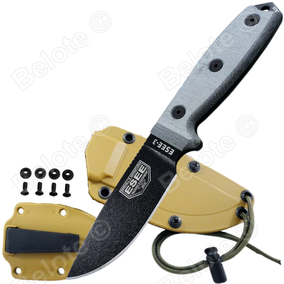 ESEE 3p Plain Black Blade Tactical Fixed Knife W/sheath Grey Handle