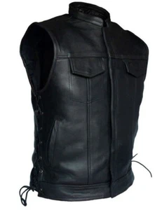 Men's Black Leather Vest Custom Motorcycle Concealed Side Laces Biker Waistcoat - Picture 1 of 5