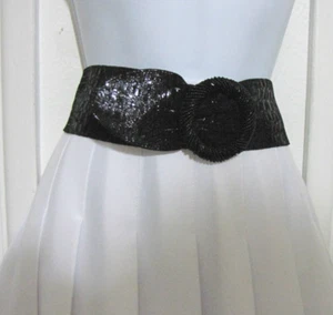 Black Wide Elastic Cinch Belt Faux-croc beaded-round-faux-Buckle Back-Snap Wm. L - Picture 1 of 6