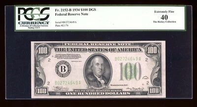 DBR 1934 $100 DGS FRN New York Fr. 2152-B PCGS XF-40 Serial B02724649A - Image 1 of 2