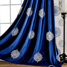 VOGOL Blackout Velvet Curtains 96 Inches Long for Bedroom, White Flowers Embroid