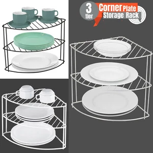 3 TIER KITCHEN CORNER PLATE RACK STORAGE HOLDER STAND PLATES CUPBOARD ORGANISER - Picture 1 of 42
