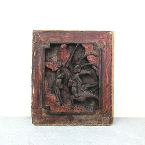 Antique Chinese high relief hand carved wood wall panel with figures and a horse - Picture 1 of 9