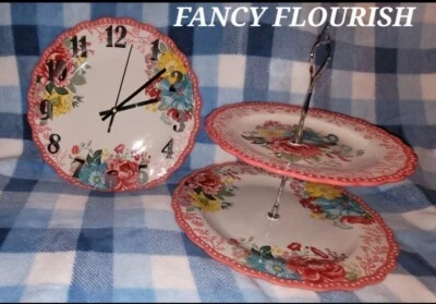 New Pioneer Woman FANCY FLOURISH Custom Made Clock & TIER TRAY SET  - Image 1 of 4