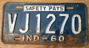 Vintage 1960 Indiana License Plate VJ1270 Safety Pays Barn Found - Picture 1 of 2