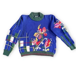 Vintage Berek Marta D Hand knit Floral Plaid Sweater 89 Grandmacore Granny - Picture 1 of 7