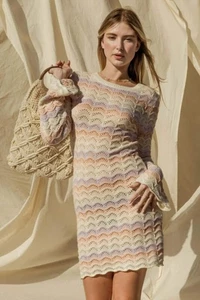 Women's Ivory Round Neck Bell Sleeve Mini Sweater Dress | USA Boutique - Picture 1 of 10