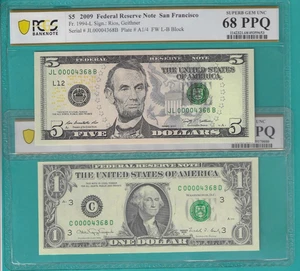 $1 and $5 2X Matching LOW Serial Number 4 Digit 00004368 PCGS Graded 68/64PPQ - Picture 1 of 2