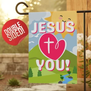 Jesus liebt dich Flagge, christliche Gartenflagge glückliches Gesicht Sonne süßes Herz mit Kreuz - Bild 1 von 13
