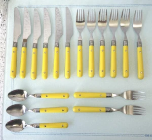 17 Anapaca Stainless Flatware YELLOW MELAMINE HANDLES Japan; KNIVES spoons FORKS - Picture 1 of 12